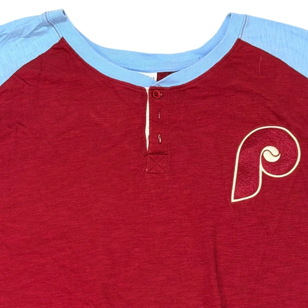 Mitchell & Ness Phillies Henley Shirt Mens 4XL Maroon Blue Cooperstown Slub Knit
